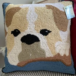 Plow and Hearth hooked rug Bulldog pillow NWT